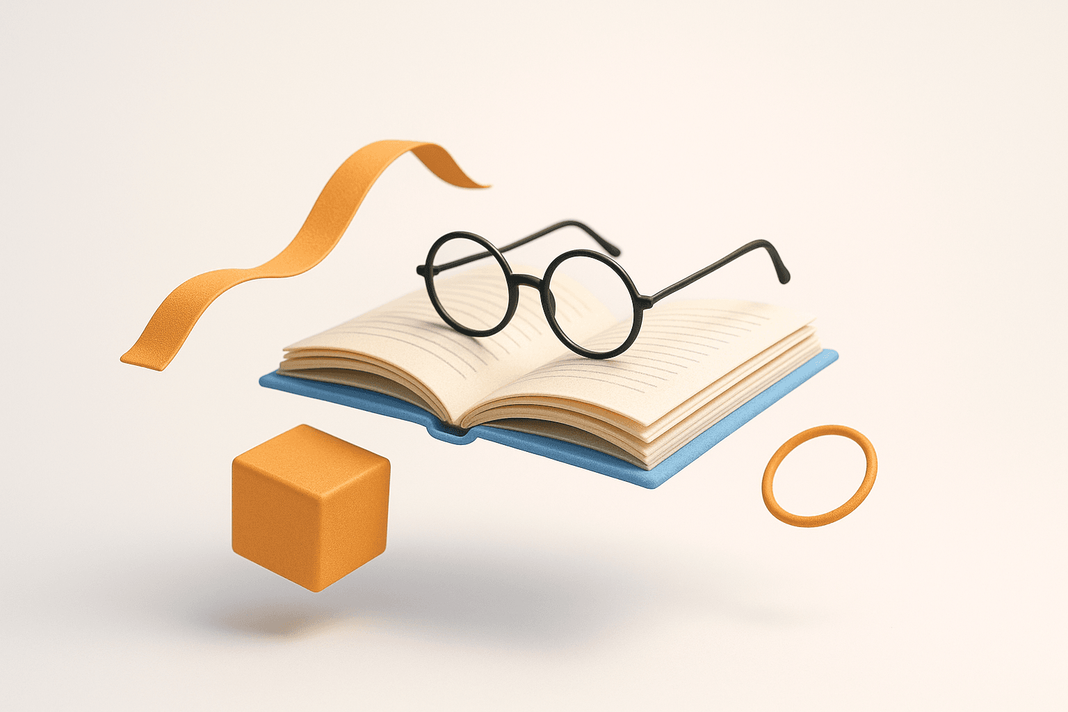 An open book with round glasses and a ribbon floating above it
